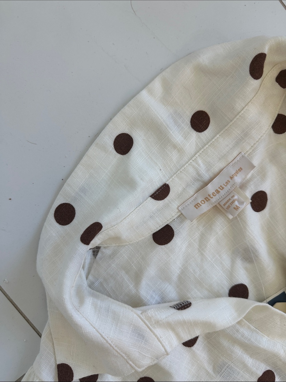Monteau Los Angeles Cream Brown Polka Dot Linen Midi Dress, M Tiered Ruffle NWT - Picture 2 of 5